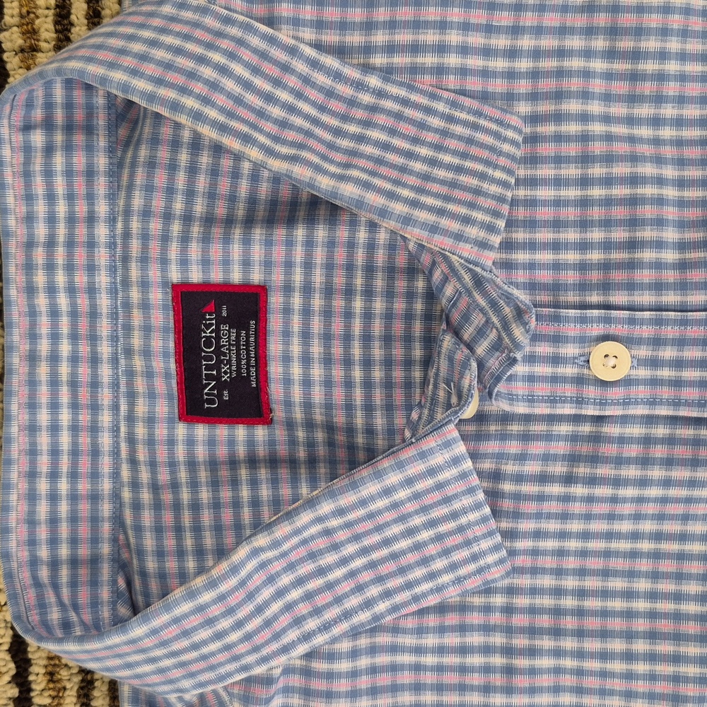 UNTUCKIT Wrinkle Free Cotton Pink‎ Blue Plaid Mens XXL Short Sleeve Mens Shirt